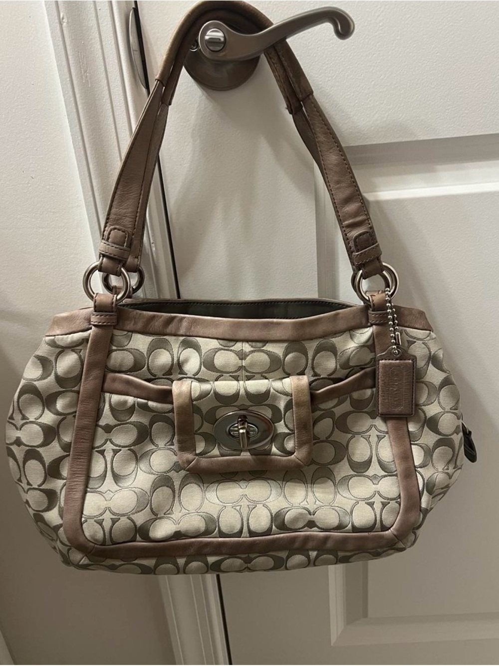 Coach Beige and Brown Signature Shoulder Bag